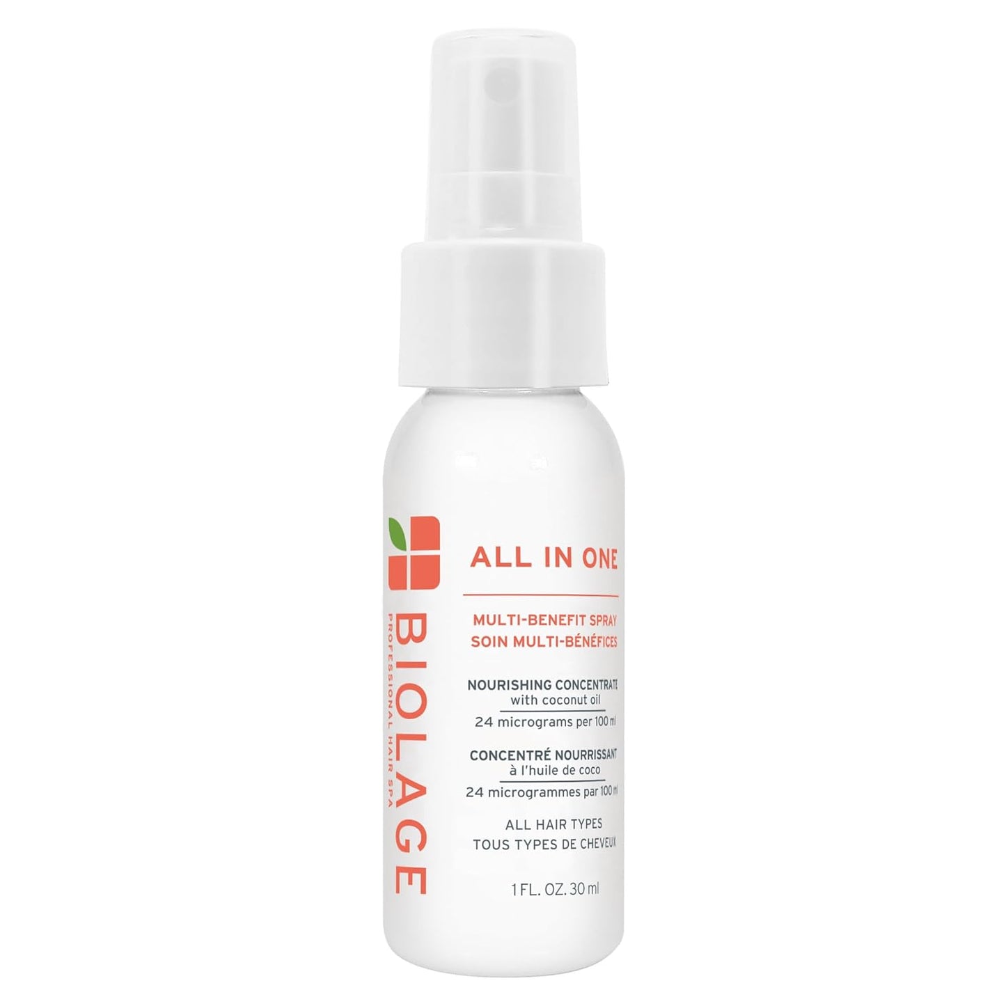 Biolage All-In-One Multi-Benefit Spray Leave-In Treatment, Heat Protectant, Shine & Frizz Control For All Hair Types Coconut Oil Vegan & Paraben-Free 1 fl oz