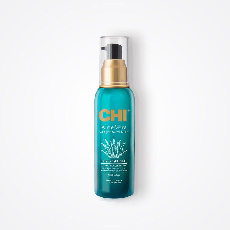 CHI アロエベラオイル、弱ったカールヘアに輝きと潤いを与え、強化します。硫酸塩、パラベン、動物実験なし。0.5液量オンス