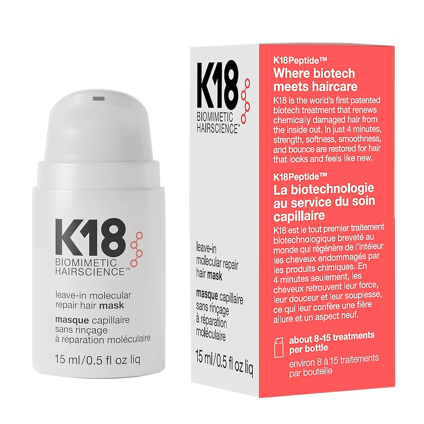 K18 Leave-In Molecular Hair Mask, Repairs Dry or Damaged Hair, Reverse Hair Damage from Bleach, Color, Chemical Services & Heat 0.5 fl oz