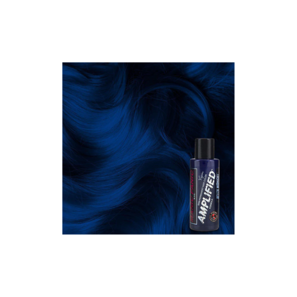 A bottle of blue hair dye next to a black tube.