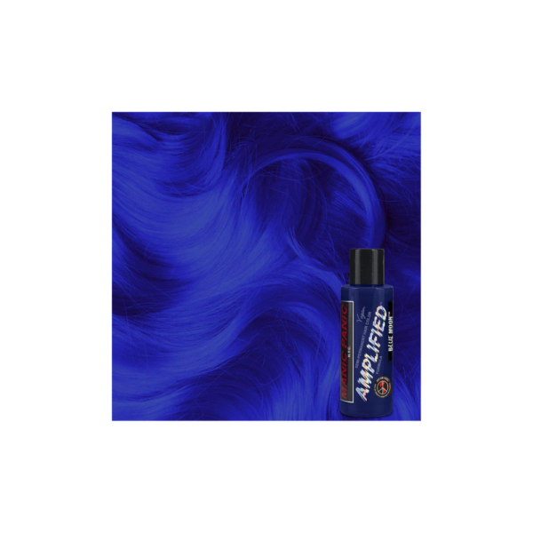 A bottle of blue hair dye on top of a white background.