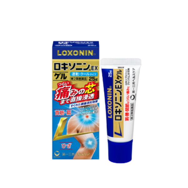 A tube of loxonin cream next to its box.