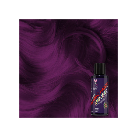 A purple hair dye bottle next to a purple hair color.