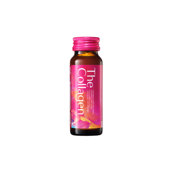 A bottle of collagen drink with pink label.