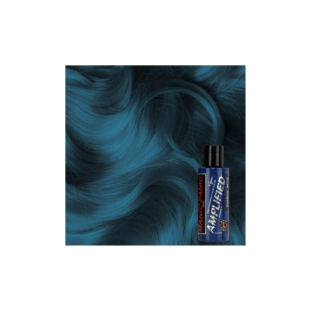 A blue bottle of hair dye next to some hair.