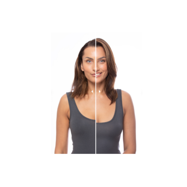 A woman with two different faces and one is smiling