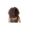 A woman with very long hair is split in half.