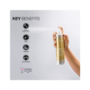 A person holding onto a spray bottle with the words key benefits written on it.
