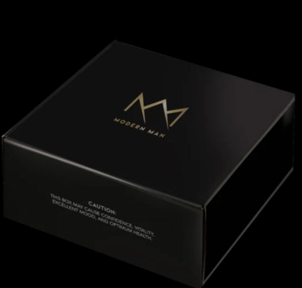 A black box with gold lettering on it